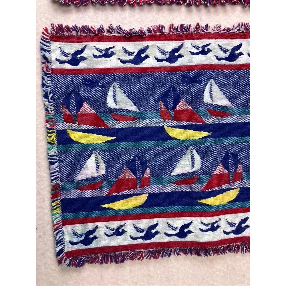 Vintage Woven Sailboat Placemats Set of 2 Unisex OS Multicolor‎ Excellent Fringe